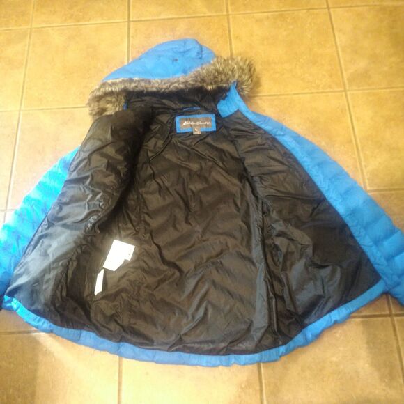 Eddie Bauer Womens Quilted Blue Goose Down Puffer Coat Faux Fur Hood Small EUC - Picture 3 of 13